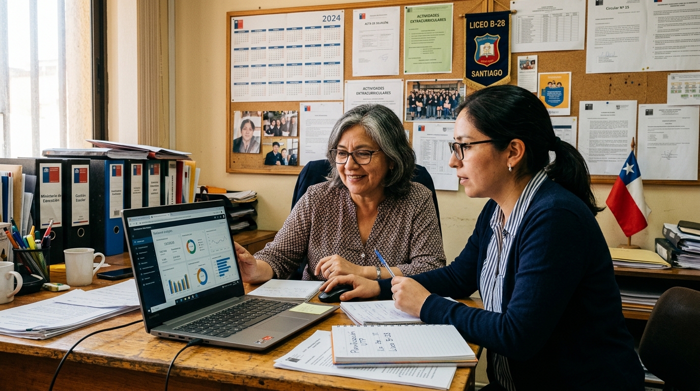 Equipo directivo de un colegio chileno revisando el informe ejecutivo